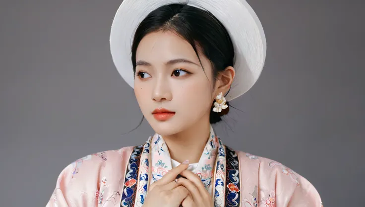 close-up shot to ear ring of a beautiful vietnamese woman wearing a traditional nhat binh clothing and hat, ahanhatbinh clothing...