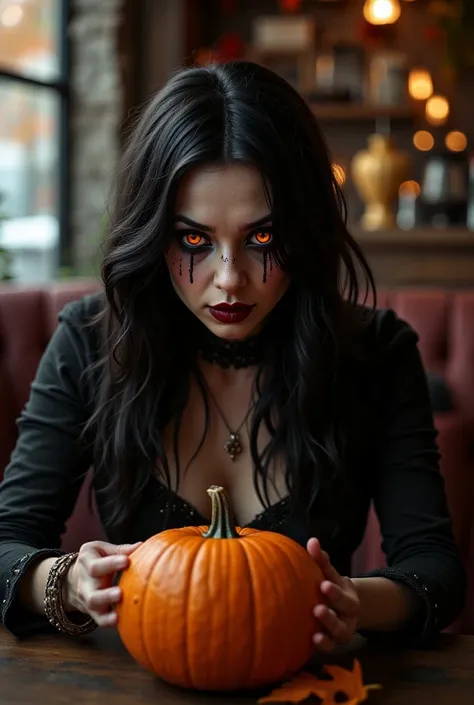 a beautiful witch flirting with a pumpkin at a cafe