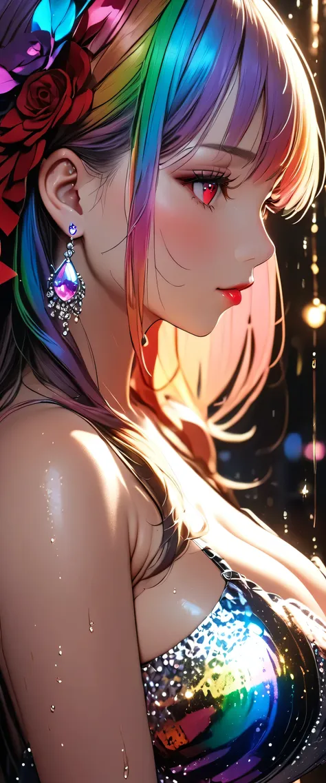 ( profile :2.0),(beautiful girl: 1.3),One girl,masterpiece,Please redeem,Ultra-high resolution,rich contrast,Very high quality,8k, very detailed CG unit wallpaper,Texture,So ridiculous,RAW Photos,Please redeem anime,Depth of written boundary 1.2,ultra-detailed eyes,Glowing Skin,Glitter Effect,Beautiful glossy lips,Yamada Anna,red eyes,(Sharp Bob, bangs, Very Short),( shiny silver metallic dress),night,Town,building, Cyber City ,smile, closed mouth,(Round eyes),Getting wet in the rain,(((The rainbow light beautifully illuminates her body ))),(Abnormal breasts:2.0),