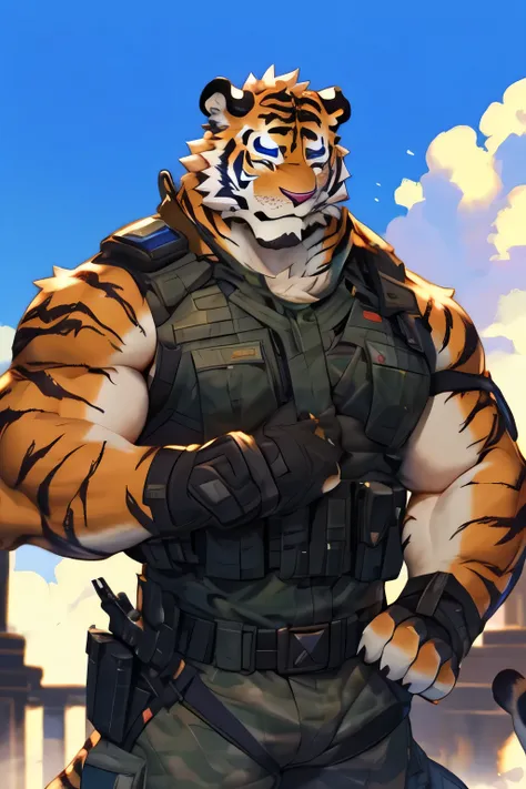 a close up of a Tiger in a military uniform with a gun, smilodon, winston From Overwatch, As an Overwatch character,  , As an Overwatch character, Animal Friends Anime, From Overwatch, ((Tiger)), 狐狸麦考德, Tiger_beast,  hairy chest ,  high resolution commissi...