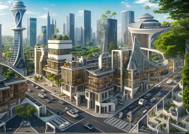 city plan, roads, parks, cars, amazing huge buildings , big towers, small pools, trees, blue sky