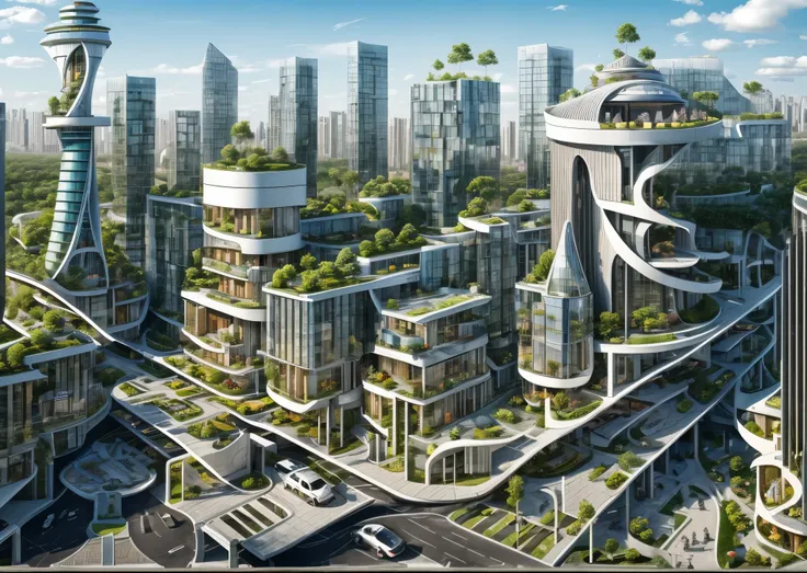 city plan, roads, parks, cars, amazing huge buildings , big towers, small pools, trees, blue sky