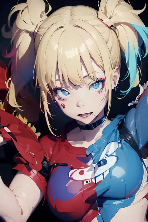  a girl with blonde hair with Harley Quinn style pigtails, blue eyes, Her face is painted like Harley Quinn ,  on his face you can see a somewhat lunatic face. 
