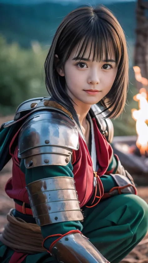(Close up portrait of one slender small breast round face brown short hair with bangs girl in a green colored dirty armor warrior as samurai in Japan :1.5)、(One girl take a rest near the bonfire on the wilderness land in old Japan with dirty little smile:1...