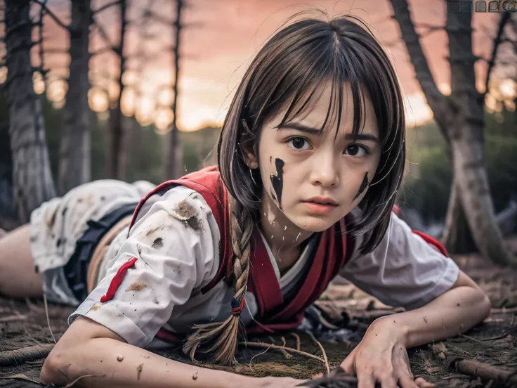 (Low angle shot of one slender small breasts round face brown short hair with bangs girl in a samurai silver armor:1.5)、(One girl is lying with her back behind on the wilderness land at the Sengoku period in Japan with crying dirty sperm splashed face:1.5)...