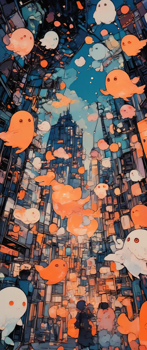 
at very far cute transparent colorful ghosts in the very crowdy noisy city in the night, chibi,vivid color,high contrast,thick outline