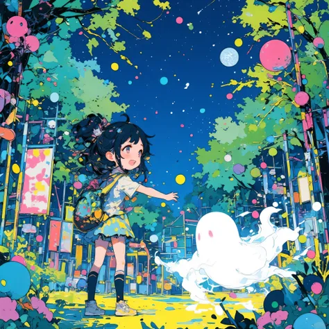 1girl and 1transparent ghost is playing in the beautiful park with playground equipment in the night,chibi,vivid color,high cont...