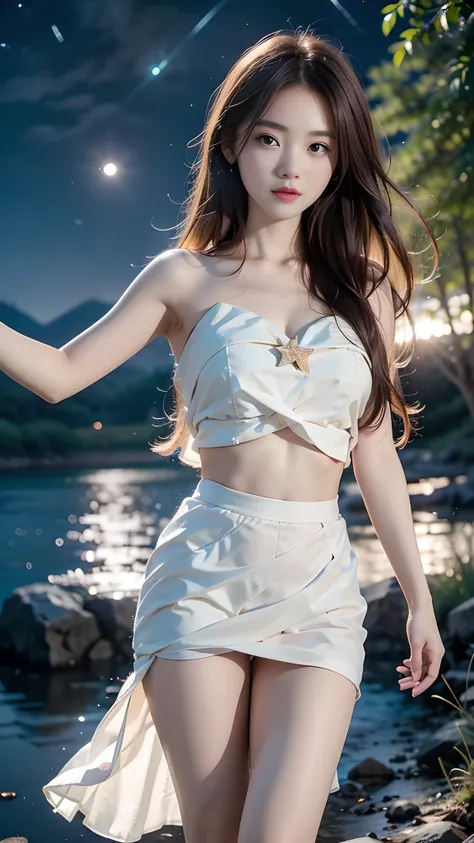 ulzzang-6500-v1.1, (RAW photo: 1.2), (Real photo), (Real photo: 1.4), 1 girl、Perfect anatomy、1、Looking at the camera、Medium length hair、white flared skirt, dancing, beside a vast lake in the middle of a wild forest, ((under the night sky with stars: 1.1))、...