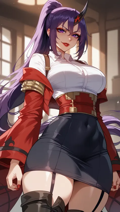 Shion、 Tensei shitara Slime Datta Ken 、A beautiful woman、slender、purple eyes、purple hair、dark straight hair、hair tied in a ponytail、shiny hair、black horn in the middle of the forehead、( large breasts )、black bra、brown jacket、 tight waist、 thin waist、Black ...