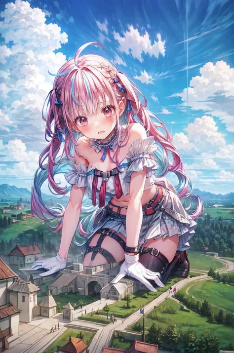 giant, ( Closeup Chest and Face), (四つん這い: 1.2), (Lower view: 1.2), (Sky and clouds background: 1.2), Shari 1, rose twin tail , Long Hair, Ahoge, Hair accessories, choker, crop top , off-shoulder shirt, white shirt , black gloves , One-handed gloves,...