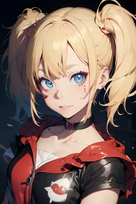  a girl with blonde hair with Harley Quinn style pigtails, blue eyes, Her face is painted like Harley Quinn ,  on his face you can see a somewhat lunatic face. 