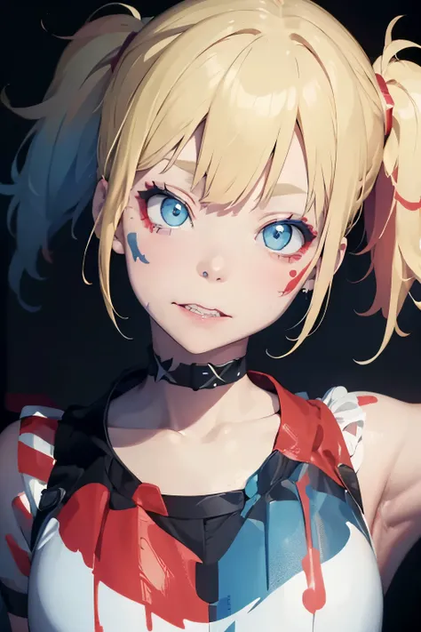  a girl with blonde hair with Harley Quinn style pigtails, blue eyes, Her face is painted like Harley Quinn ,  on his face you can see a somewhat lunatic face. 