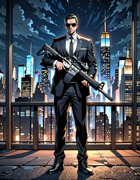 best quality, masterpiece, hires, 8k, solo, solo focus, 1male, male focus, mafia enforcer with highly detailed ar-15 rifle, new ...