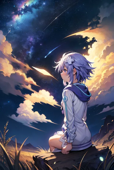 High resolution , masterpiece , The best quality, necessary, HD model, tall details , High quality, very detailed , Textured skin , UHD, foreground, Relaxed Scenery , In the field on a dark night with lots of stars, You can only see his back , looking...