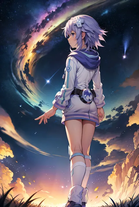 High resolution , masterpiece , The best quality, necessary, HD model, tall details , High quality, very detailed , Textured skin , UHD, foreground, Relaxed Scenery , In the field on a dark night with lots of stars, You can only see his back , looking...