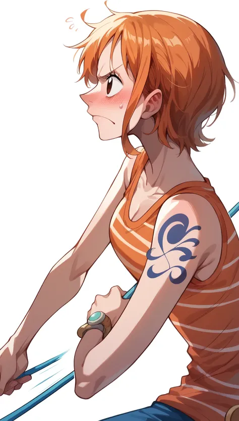 anime, one piece, nami, orange short hair, dynamic pose, embarrassed face, profile, blushing, swinging a stick