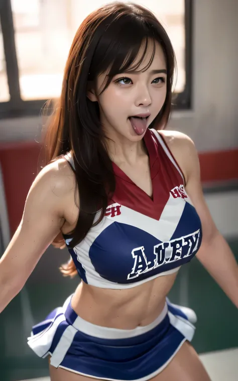Realistic: 1.4, Highest quality, 8K,Wet:1.3, ( 20-year-old, Cheerleader、Sportswear, Sweat: 1.2, Black-haired), Fine skin, (Cinema Lighting), Soft Light, double eyelid, alone、boyish、Large Breasts、Cowboy Shot、Wet:1.1、Embarrassed look、smile、Open your mouth, ...