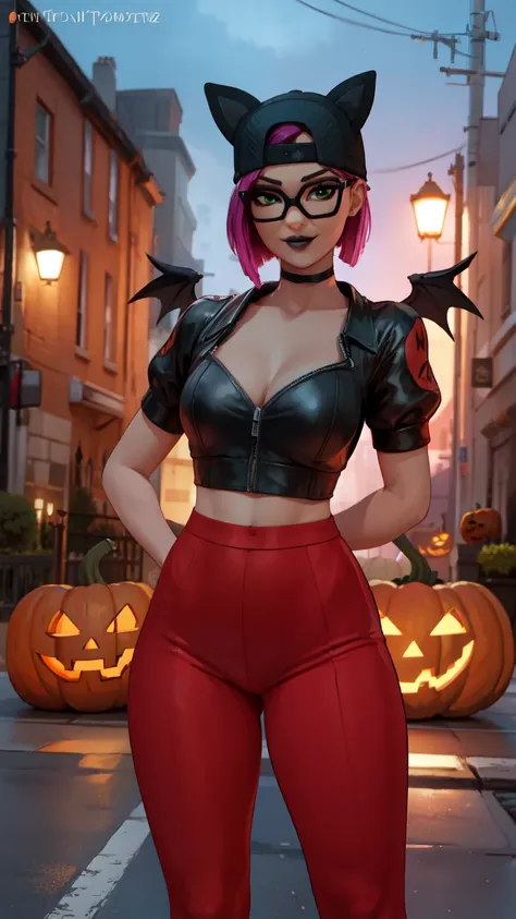 1 girl,black lips,choker, Night, (masterpiece) evening (Halloween pumpkins,
streets with Halloween decorations 🎃, Night,fire)(Best Quality) (Alone), looking at the viewer, high detailed,extremely detailed, fine green eyes,dynamic pose,mischievous smile ,sh...