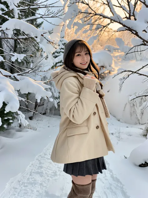 highest quality,4K,8K,High resolution,masterpiece:1.2,Super detailed,realistic,photorealistic:1.37,winter, snow, snowy landscape, beautiful girl in a down coat, fine eyes, detailed lips, long eyelashes, mini pleated skirt, snowy scene, soft lighting, cozy ...