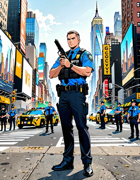 best quality, masterpiece, hires, 8k, solo, solo focus, 1male, male focus, nypd officer holding a highly detailed pistol, glock1...