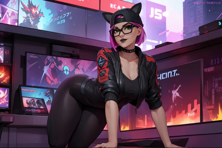 💜1 girl,black lips,choker,spiked choker, Night, (masterpiece) evening (Cyberpunk Night)(Best Quality) gaming ,(Alone), looking at the viewer, high detailed,extremely detailed, fine green eyes,dynamic pose,mischievous smile ,short pink hair,cap, loose V-nec...