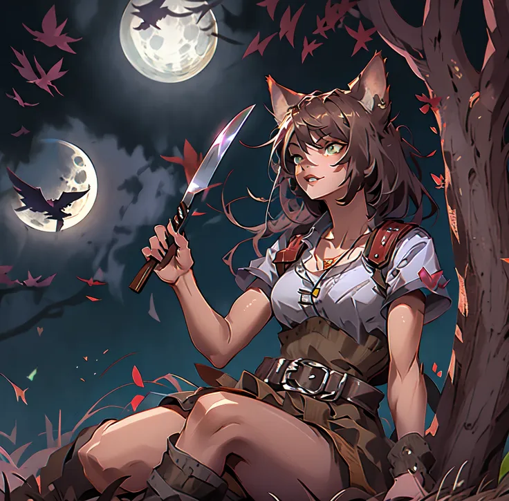 a girl with cat ears looking up at the moon while sitting under a tree from the prairie,fantasy bandit costume,brown hair color,...