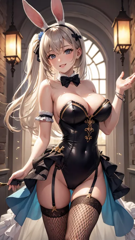 ((Best Quality)),(  ultra high resolution ),(Ultra-detailed),( detailed depiction ),((Best Photos)),(A masterpiece),Ultra-detailed art,  amazing depiction art , ( woman:1.5),smile, bunny girl:1.5,Bunny ears,  fishnet tights ,Bow tie, 