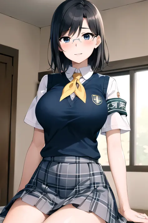 (nsfw, masterpiece, Best Quality,  High Resolution , morning), short hair,  Black Hair , blue eyes, Glasses,   school uniform,  yellow neckerchief,  collared shirt, Sweater vest, (Blue vest:1.2), Short sleeve, Armband,  Plaid Skirt, Grey Skirt, indoor, Sit...