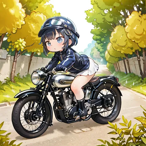 Bluff Superior SS100、(クラシック Riding a motorcycle  )、(Vintage Bike、Bluff Superior SS100)、Isle of Man racing 、 ( Riding a motorcycle :1.2),  beautiful young woman、1、Beautiful Face,   beautiful and delicate eyes ,  Black Hair ,  short bob hair,   classic leather jacket、Cronwell Helmet、With goggles、 after rain、English countryside in autumn 、  detailed explanation 、( in exchange , masterpiece,  Kampala)、8k、 wallpaper，Autumn leaves，
