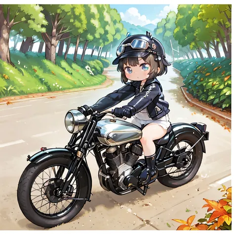 Bluff Superior SS100、(クラシック Riding a motorcycle )、(Vintage Bike、Bluff Superior SS100)、Isle of Man racing 、 ( Riding a motorcycle :1.2),  beautiful young woman、1、Beautiful Face,  beautiful and delicate eyes , Black Hair ,  short bob hair,  classic leather jacket、Cronwell Helmet、With goggles、 after rain、English countryside in autumn 、  detailed explanation 、( in exchange , masterpiece,  Kampala)、8k、 wallpaper，Autumn leaves，