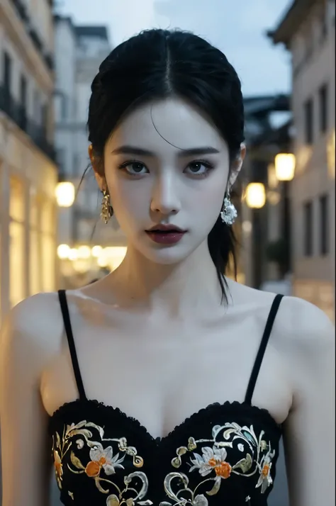 (((best quality))),(((ultra detailed))),(((masterpiece))),illustration,1 girl,short ponytail,white skin,pale skin,black lips,black eye shadows