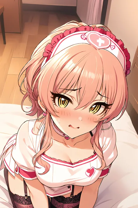 NSFW,masterpiece,Best Quality, Kampala, very detailed ,Mika Jougasaki ( The Idolmaster Cinderella Girls),Pink Hair、 yellow eyes,Nurse uniform、Chest cut-out、Nurse cap、 garter straps,Embarrassed,blush