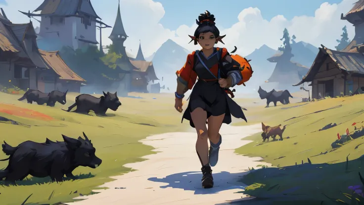 anime - style image of a woman in a black dress and a backpack running through a field of animals, painted as a game concept art, painterly concept art, artwork in the style of guweiz, android jones and atey ghailan, stylized concept art, indie game concep...