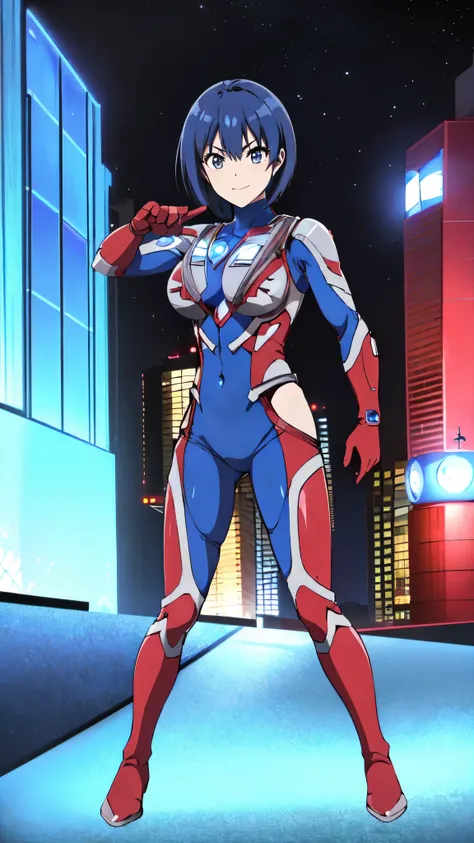 (Highest quality,4K,8k,masterpiece:1.2),michirutojo, View your viewers,
Blue Hair, Cowboy Shot,(Ultra Girl:1.0), ( red Ultraman bodysuit:1.4),(Combat pose:1.3)Large Breasts,smile,( trained abs ), Trained Biceps,(Buildings:1.2)、Night view