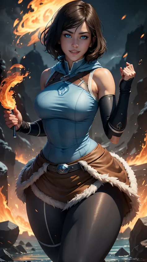 Korra da avatar,(best quality, 4K,8k,high resolution,work of art:1.2)(weather: showing), artic background, ninja village, wide hips, short curly hair, brown hair, freckles, sleeveless ninja hoodie top, steel corset, tight micro skirt, shinobi leggings, nin...