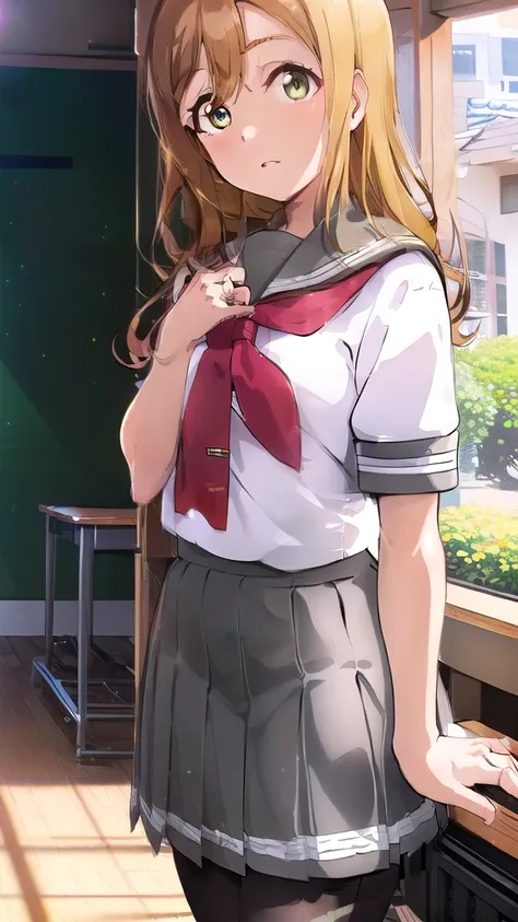 Kunia Hanamaru,Yellow blonde hair,Long Hair,Hair between the eyes,黄色い目 break skirt,  school uniform, Short sleeve,  pleated skirt, Seraph, socks,  Neckerchief  , Knee-high, black socks, (red  Neckerchief  :1.2),  gray skirt , uranohoshi  school uniform, br...