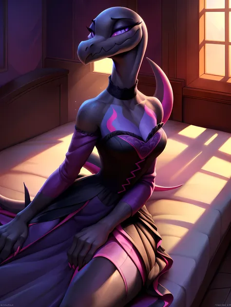 uploaded on e621, ((Salazzle)) by Pixelsketcher, by Bayard Wu, by Thomas Benjamin Kennington , by Einshelm, anthro, ((full body focus)), BREAK, ((dress:1.2)),wearing black victorian dress, long flowing dress, long sleeve victorian dress, dress flowing down...