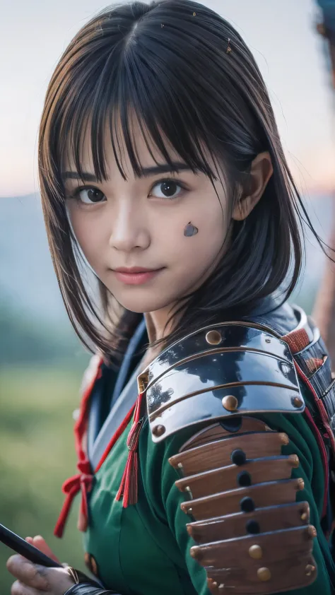 (Close up portrait of one slender small breast round face brown short hair with bangs girl in a green colored dirty armor warrior as samurai in Japan :1.5)、(One girl take a rest near the bonfire on the wilderness land in old Japan with dirty little smile:1...
