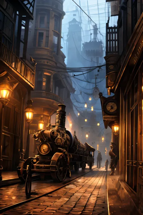 a steampunk-style vehicle, steam-powered, street lamps, cobblestone road, detailed machinery, intricate gears, brass accents, vi...