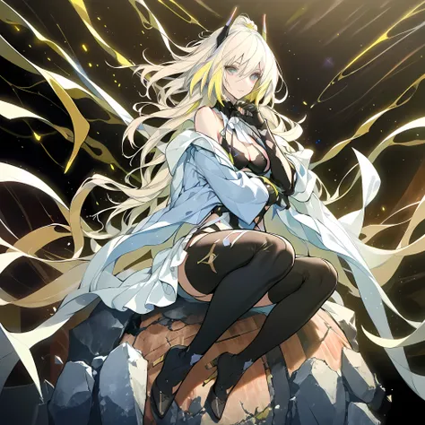 alpha, 1girl, white skin, long blond hair, blue eyes, black headgear, black half finger gloves, white ribbon on the neck, black ...