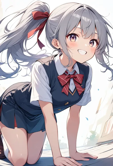 light line drawing、 bright color、rough、gray hair、 long ponytail、ribbon、slit eyes、cute、student uniform、look at this while crouchi...