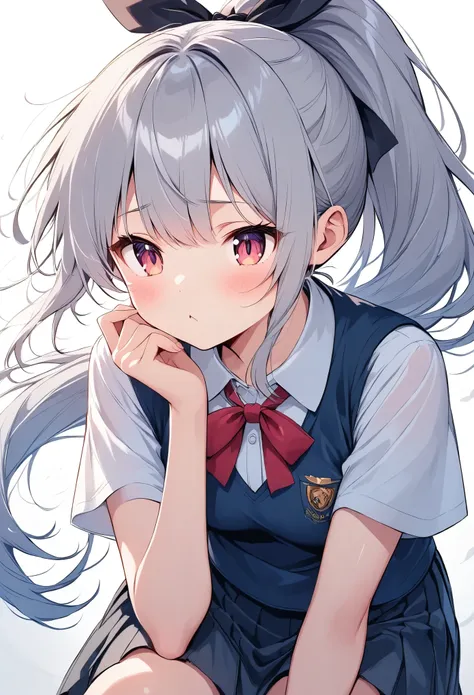 light line drawing、 bright color、rough、gray hair、 long ponytail、ribbon、slit eyes、cute、student uniform、look at this while crouchi...