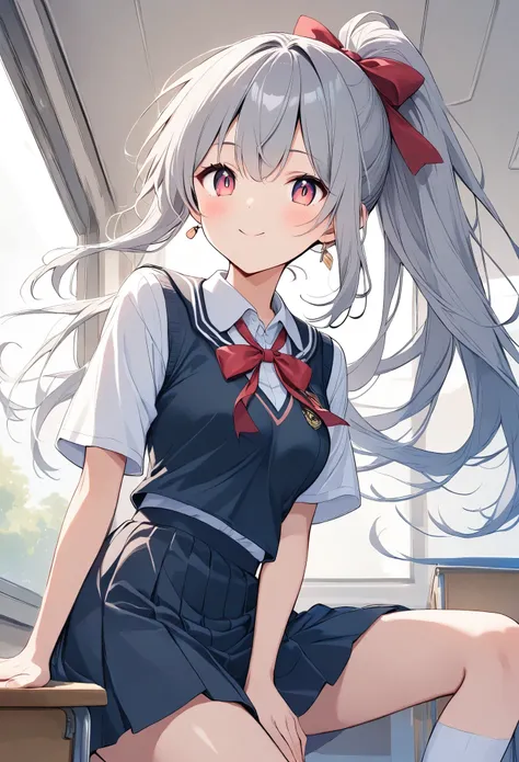 light line drawing、 bright color、rough、gray hair、 long ponytail、ribbon、slit eyes、cute、school classroom、student uniform、shushing