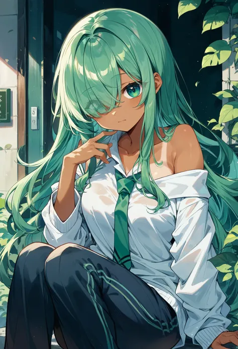 ((high school student、 miniskirt in length)), eyes visible through gaps in hair  / bangs,( Hair covering one eye),、( beautiful eyes),( cute tanned girl),(off shoulder)Green long hair、(Tie pants)