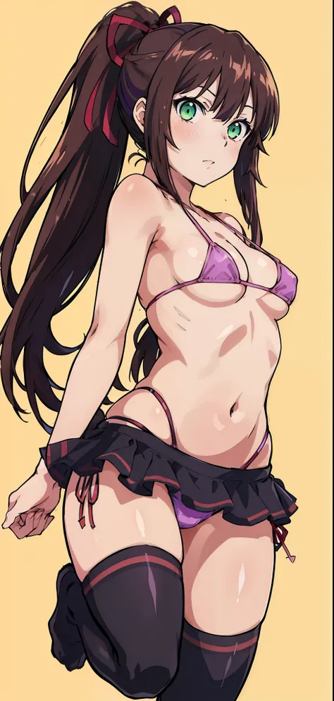 masterpiece, best quality,1girl,solo,kirasaka sayaka,brown hair,long hair,ponytail, hair ribbon, green eyes,,purple thighhighs, wariza, (bikini). Manga panels. MangaHentaiStyleConceptv2