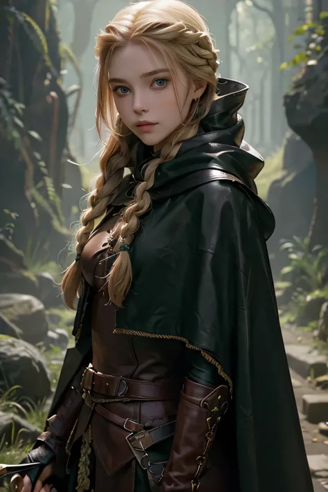  Make me a 20-year-old woman in the Middle Ages .  She has long blond hair that she wears in a braided braid .  She has white skin and green eyes .  Dark medieval clothing and a leather cape that covers her face . She has a dagger attached to her body ,  o...