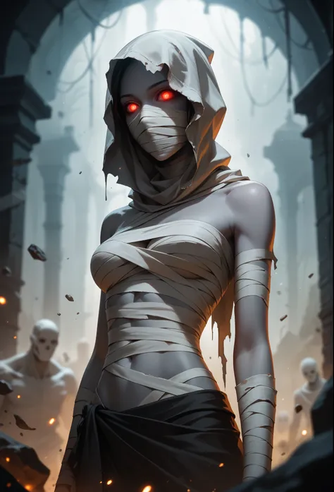 score_9, score_8_up, score_7_up, (masterpiece, UHD, 8K, 16K, ultra detailed), sfw, cowboy shot, 1woman, mummy, (gray skin), glowing red eyes, hollow eyes, tall, (skinny), gauze bandage, cloth, (covered body, covered mouth), horror vibe, dust, inside dark tomb background, dark fantasy, splash art, (depth of field), (bokeh), diffused light, dramatic ambient, low-key lighting 