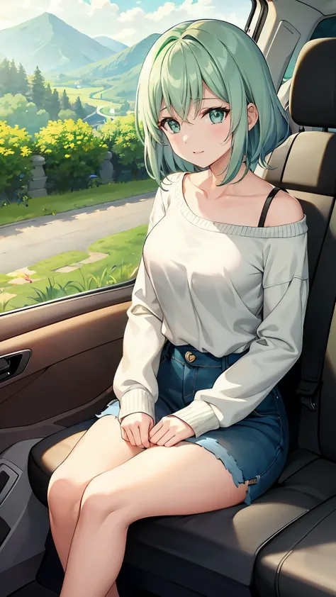 shoulder-length green hair, small size breasts, Small breasts、Green Eyes, 、(((Ladylike))), full body from head to toe 、Jeans、 and slightly longer sleeves to fit in the palm of your hand、Feminine clothing、、Chuckle、((Inside the carの助手席))、Drive Date、A great...