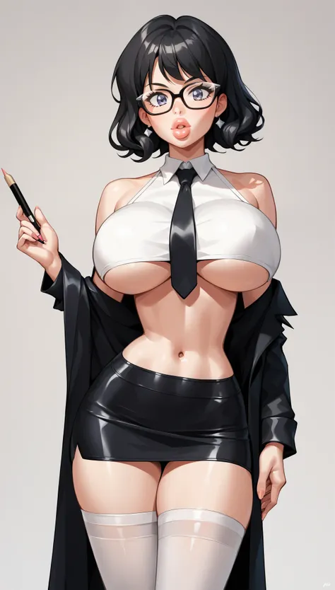 bmb-fc, sunny, bodycon dress, 1girl, face, woman , (masterpiece, best quality), 1girl, 18 years old, looking at viewer, no abs, ((idol pose)), shiny black hair, ((shoulder length hair)), ((retro bob hairstyle)), plump lips, puffy lips, bimbo lips, huge bre...