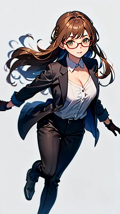 {best quality, masterpiece, high resolution}, solo, {{full body:0.7}}, One woman, glasses, long hair, braids, gloves, brown hair, suit, black slacks, white shirt, cleavage, red ribbon on head:0.2, long sleeves, black jacket, {white_background:0.8}, closed_...